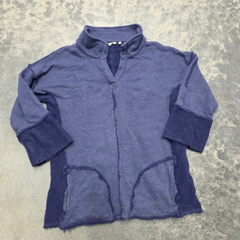 Soft Surroundings Pullover Sweatshirt Raw Edge Trim Collar Neck Womens Blue M